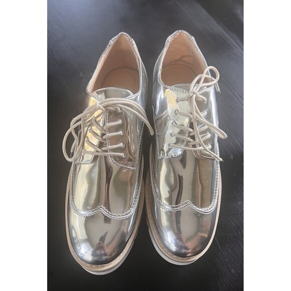 ZARA Women's EU 37 US 6.5 Metalic Silver Lace up Platform Oxford Shoes Oxfords - Picture 1 of 6